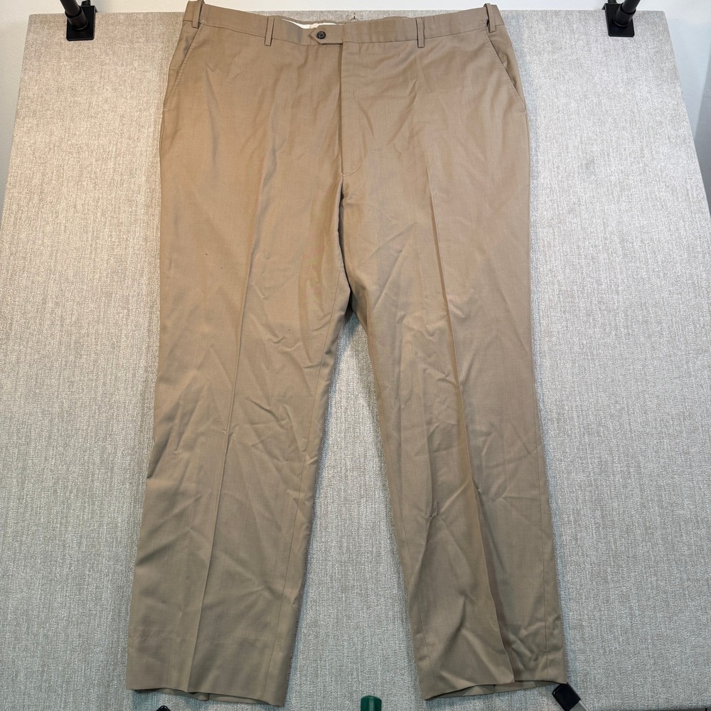Berle Mens 48 100% Wool Dress Pants Tan Flat Front Trousers Professional